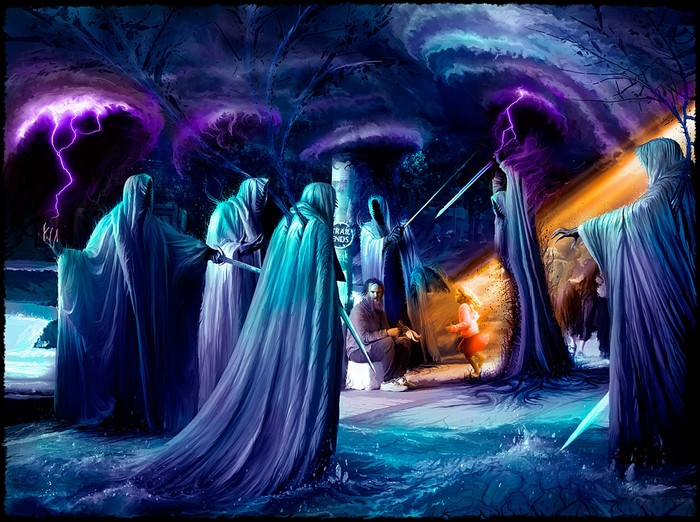Demons surrounding a man and a girl