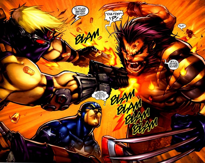 Wolverine and Captain America fighting a cultist