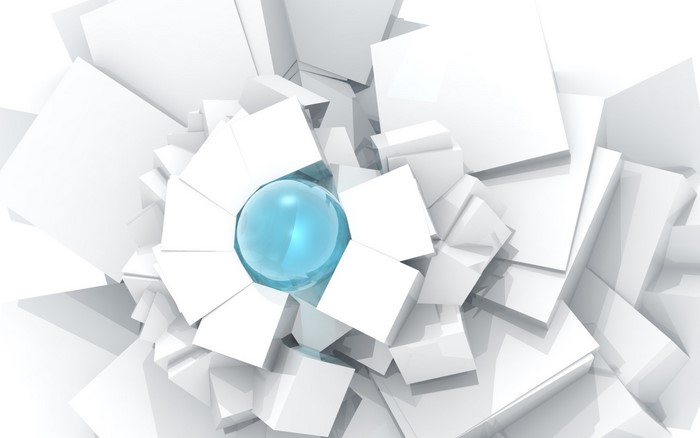 Abstract 3D render of white cubes and a blue sphere