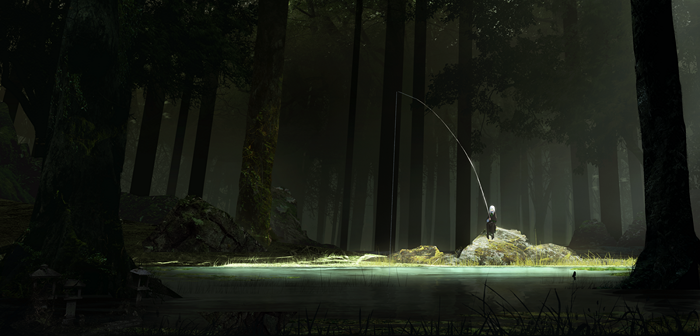 Fishing in a dark forest lake