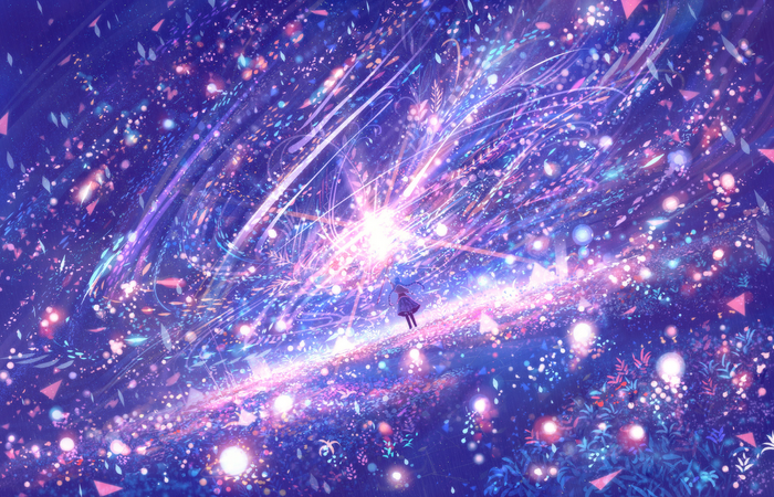 Girl with blue hair in a magical galaxy
