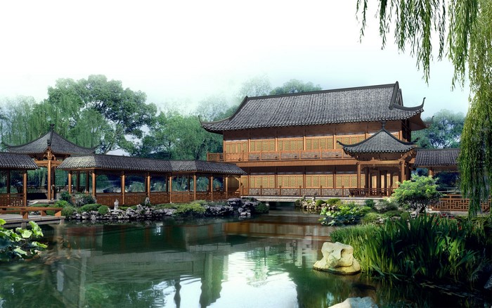 Traditional Chinese garden with pond and buildings