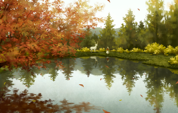 Anime girl and deer by a lake in autumn