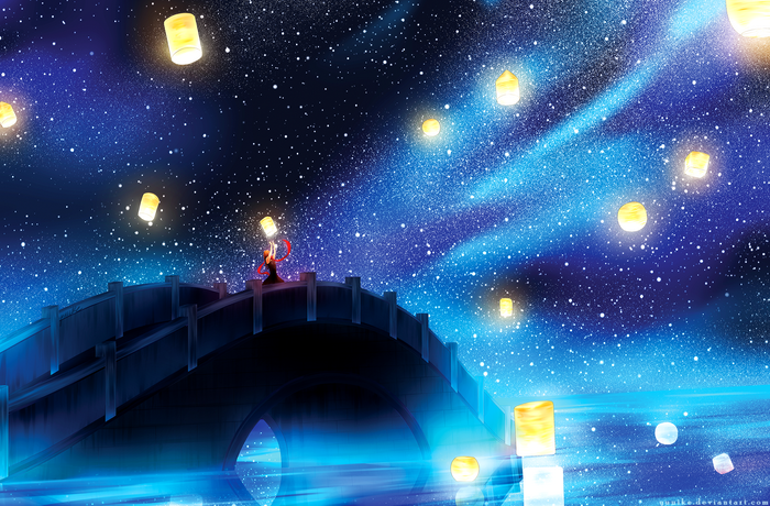 Fantasy bridge with lanterns under starry sky
