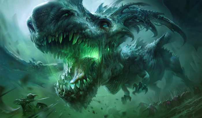 Green Dragon Creature Attacking Warriors Artwork