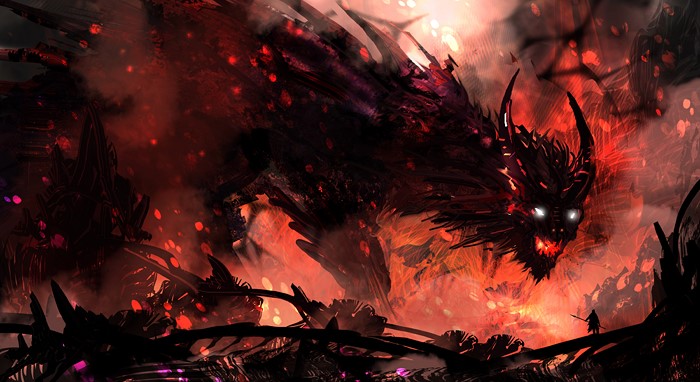 A fearsome dragon in a fiery landscape