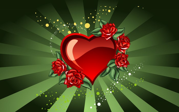 Red Heart with Roses on Green Sunburst Background