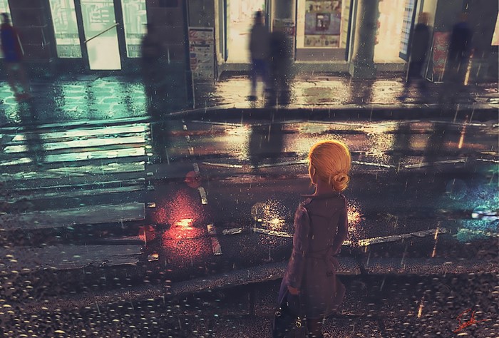 Girl in the rain on a city street