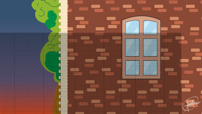 Brick wall with a window and a tree at sunrise