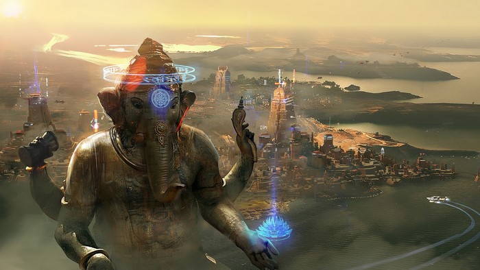 Ganesha statue overlooking a futuristic city in Beyond Good & Evil 2