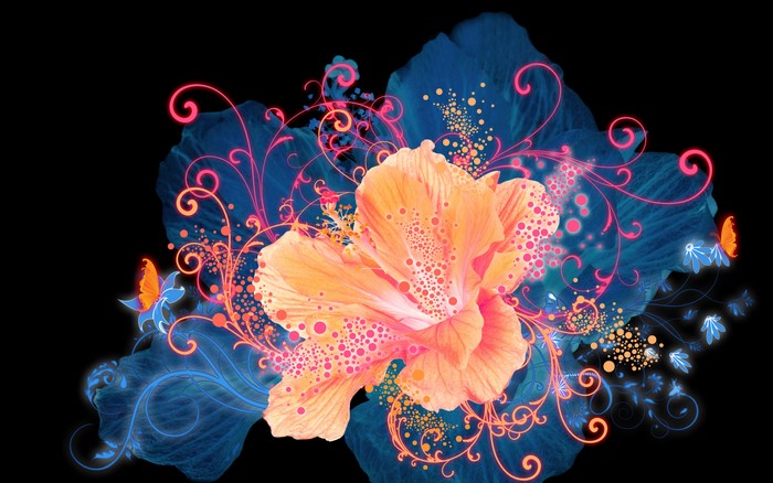 Abstract Neon Flower with Butterflies