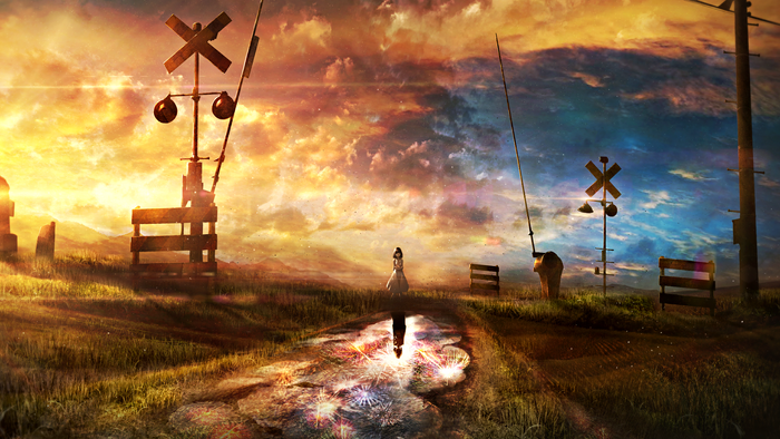 Girl standing in a puddle reflecting fireworks at sunset