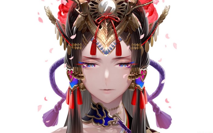 Anime Girl with Elaborate Headdress and Flowing Hair