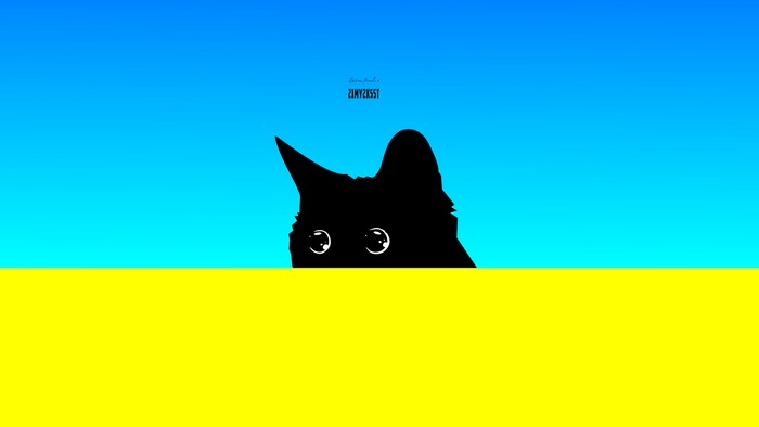 Black cat peeking over yellow and blue background