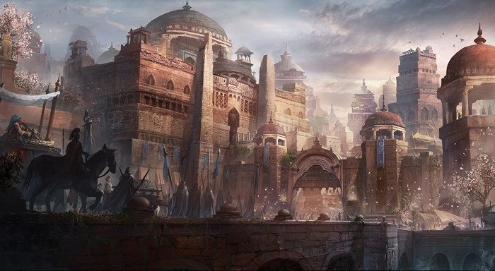 Fantasy city with soldiers and horses