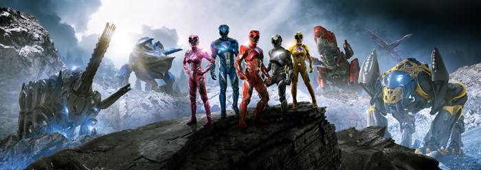Power Rangers with Zords in Rocky Landscape