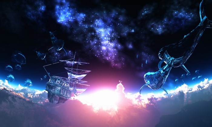 Fantasy ship and fish in starry sky above clouds