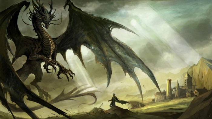 Dragon attacking a village with a knight