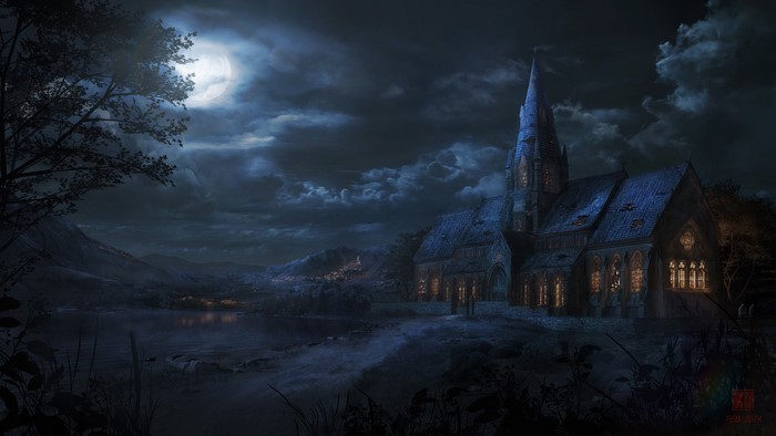 Church by a lake at night under a full moon
