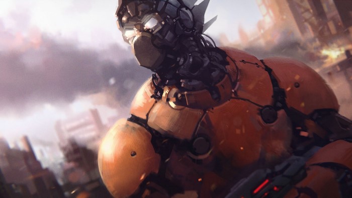 Orange Robot Warrior in a Destroyed City