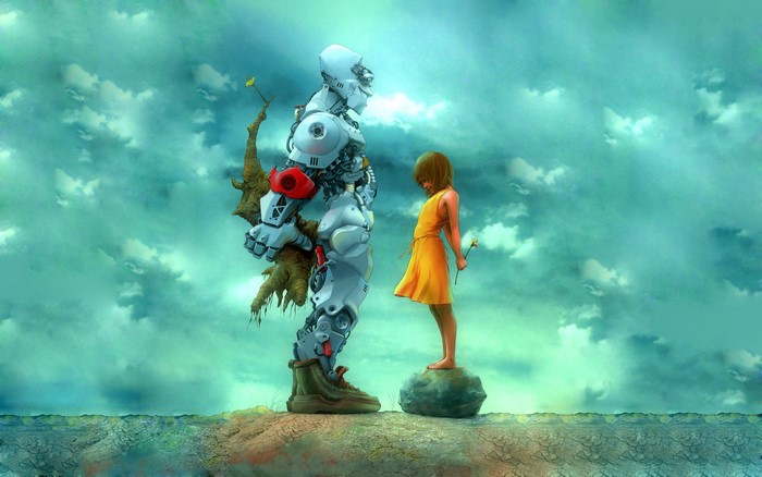 Girl and robot in a surreal landscape