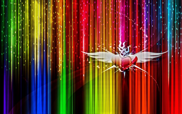 Winged Flaming Heart on Rainbow Background