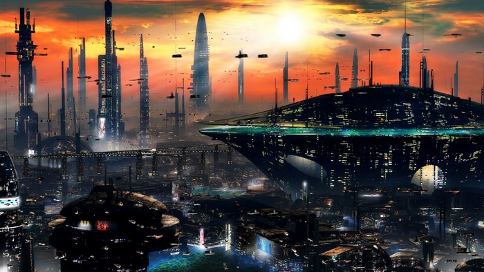 Futuristic Cityscape at Sunset with Flying Vehicles