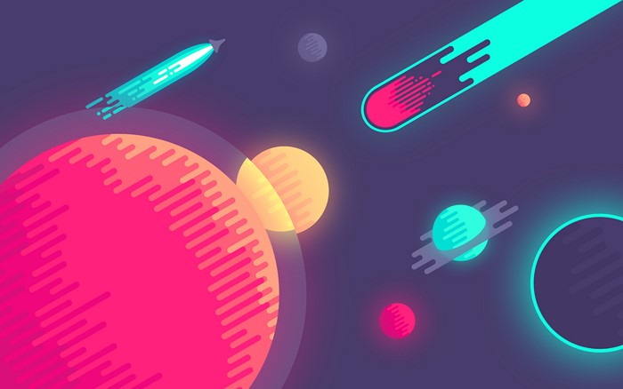 Cartoon Space Scene with Planets and Spaceships