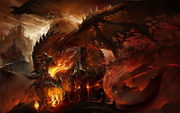 Deathwing from World of Warcraft breathing fire over a city