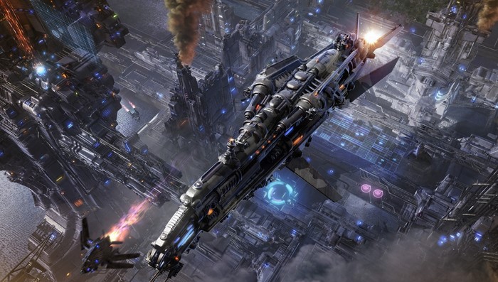 Sci-Fi Spaceship over Futuristic City