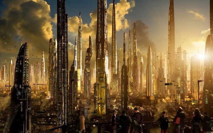 Futuristic Cityscape with Tall Buildings and Flying Vehicles