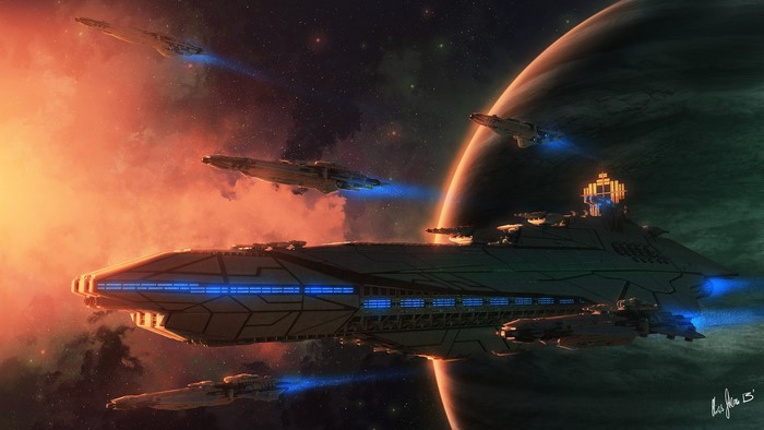 Fleet of spaceships near a planet