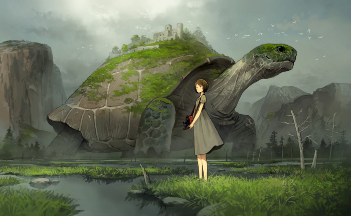 Giant turtle with castle and girl in swamp