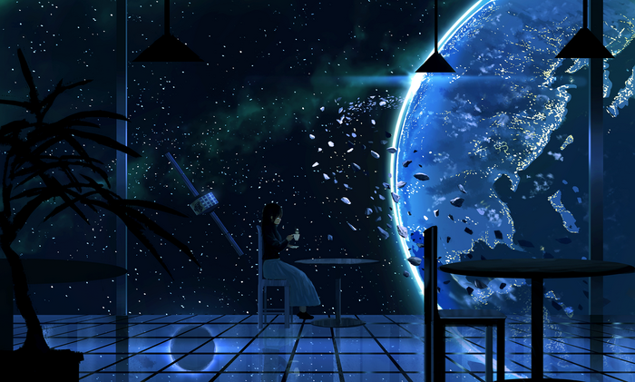 Girl in a cafe overlooking Earth from space