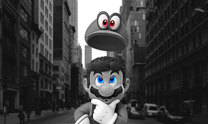 Mario from Super Mario Odyssey in a city