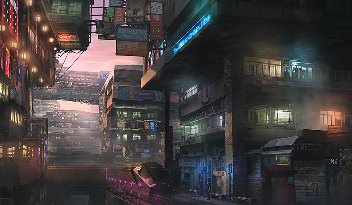Cyberpunk city with futuristic train
