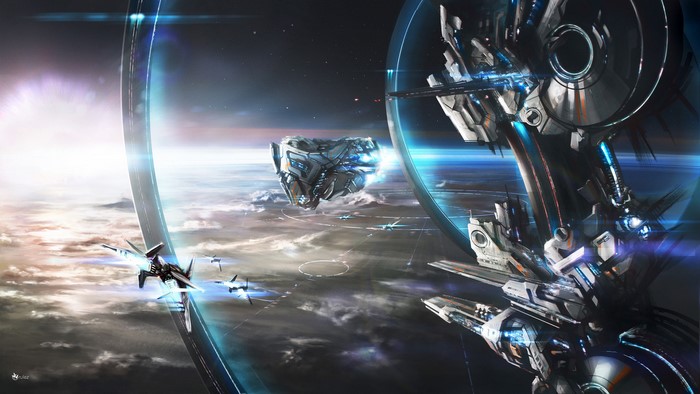 Sci Fi Ring Station with Spaceships and Clouds