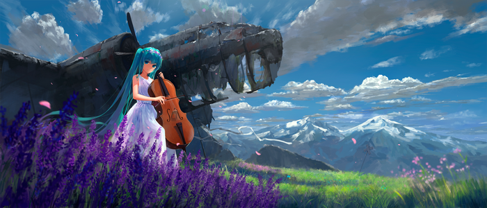 Hatsune Miku playing cello near a crashed plane and mountains