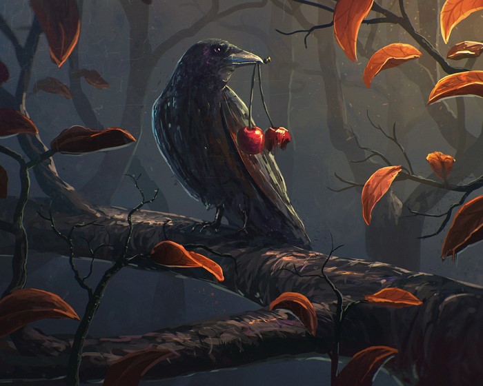 Crow holding cherries on a branch