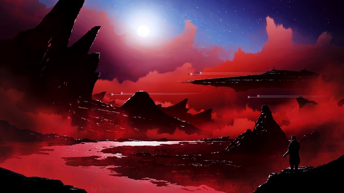 Spaceship over red alien landscape