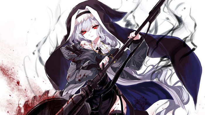 Specter from Arknights holding a weapon