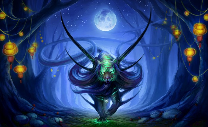 Fantasy Tiger with glowing markings in a moonlit forest