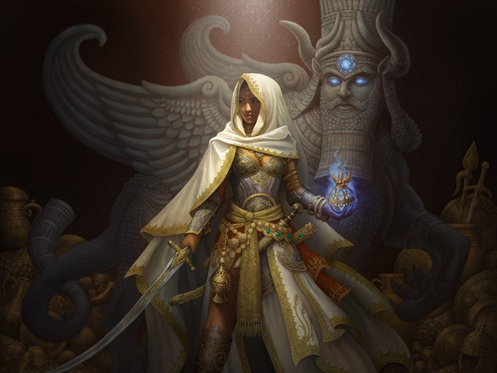 Fantasy Woman Warrior with Ancient Statue