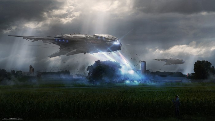 Sci-fi Spaceships Over a Farm