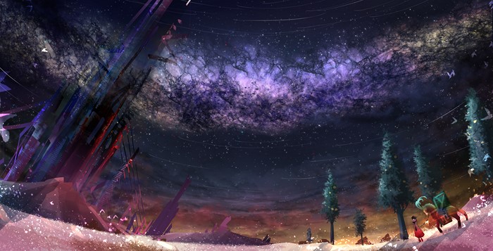 Anime landscape with a galaxy and futuristic structures