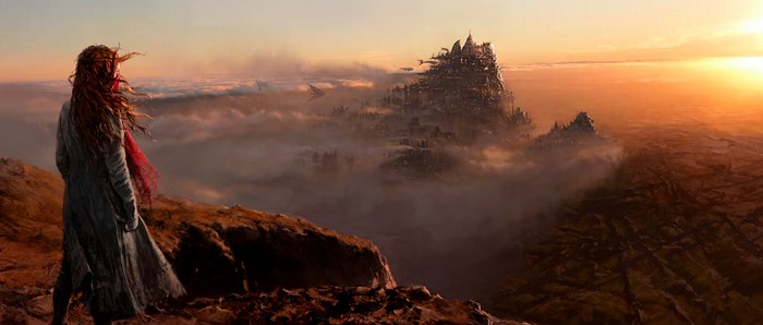 Girl overlooking a steampunk city in the clouds at sunset