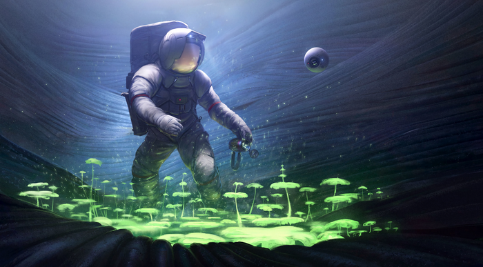 Astronaut exploring alien cave with glowing mushrooms