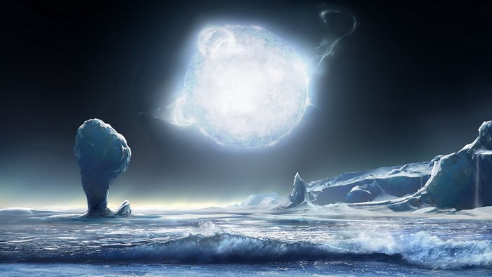 Frozen alien landscape with a bright star