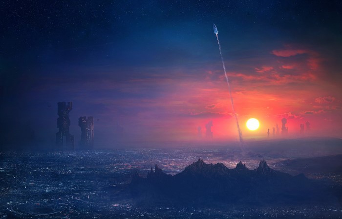 Futuristic Cityscape at Sunset with Rocket Launch