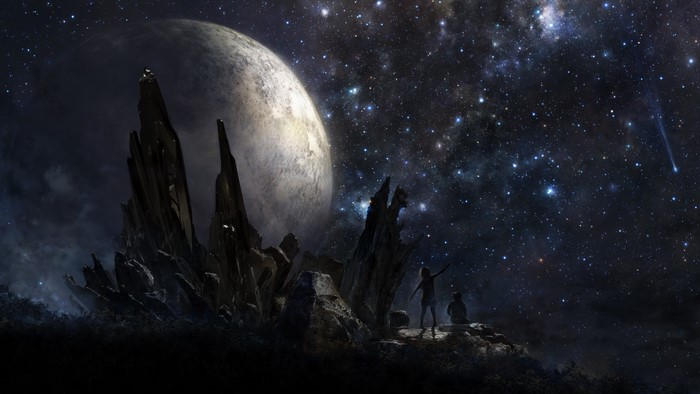 Sci Fi night sky with moon and stars